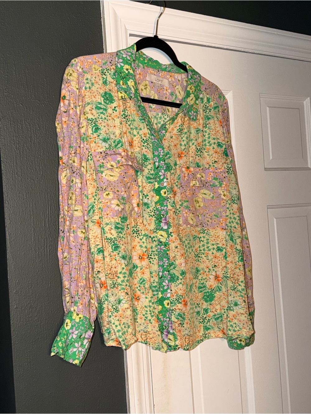 LOFT Floral Patchwork Button-Down Shirt in Yellow, Green & Lavender